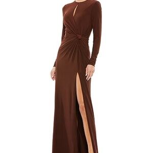 Mac Duggal Long Sleeve Keyhole Crew Neck Knot Waist Gown